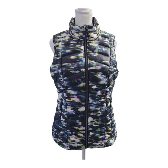 Tangerine Watercolor Down Filled Puffer Vest Black Multicolor Womens Small - Picture 1 of 6